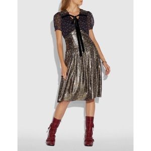 NEW COACH Metallic Daisy Print Dress Silk Floral Knee Length Short Sleeve Dress